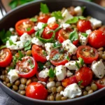 Assiette de salade de lentilles vertes avec tomates cerises, feta émiettée et persil frais