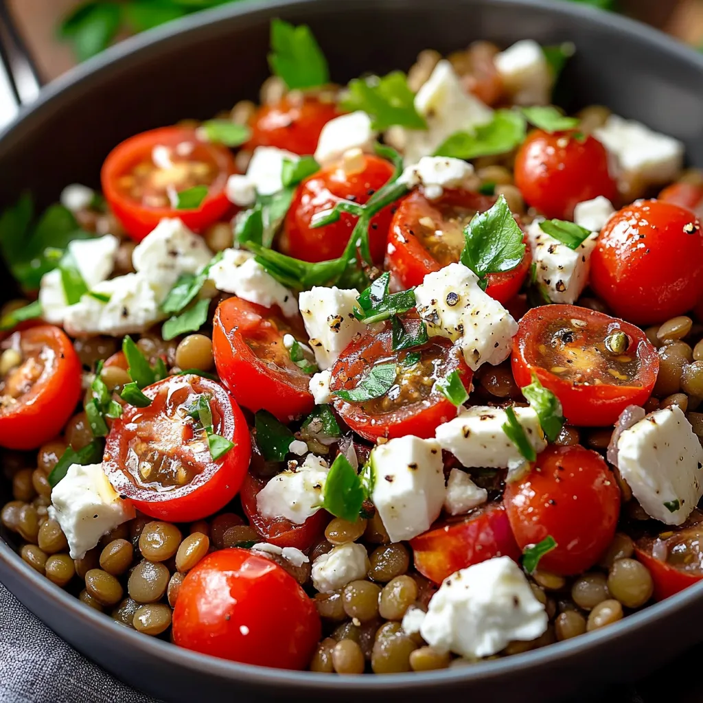 Assiette de salade de lentilles vertes avec tomates cerises, feta émiettée et persil frais