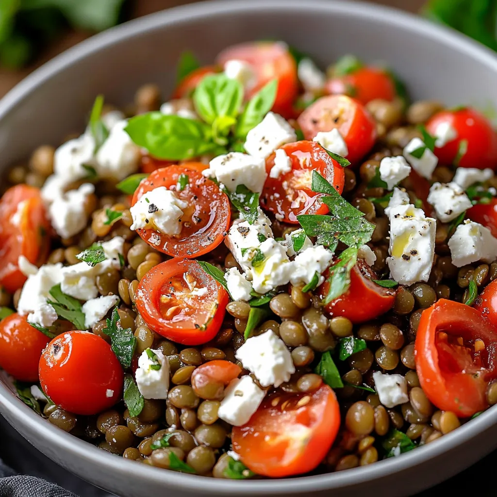 Assiette de salade de lentilles vertes avec tomates cerises, feta émiettée et persil frais