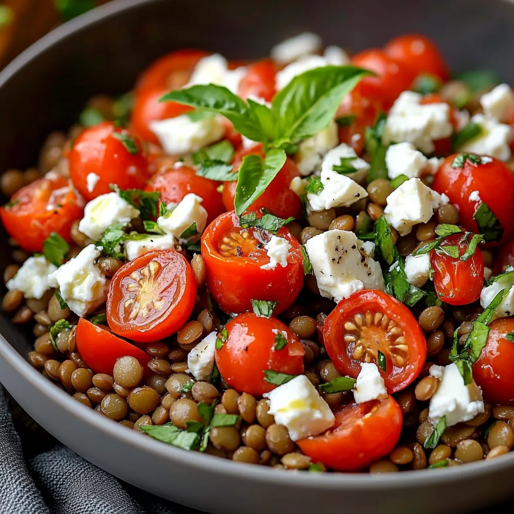 Assiette de salade de lentilles vertes avec tomates cerises, feta émiettée et persil frais