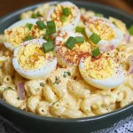 Salade de macaronis aux œufs durs servie dans un plat blanc, garnie de tranches d’œufs et de paprika