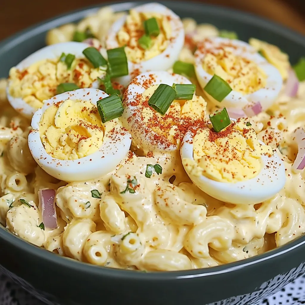 Salade de macaronis aux œufs durs servie dans un plat blanc, garnie de tranches d’œufs et de paprika