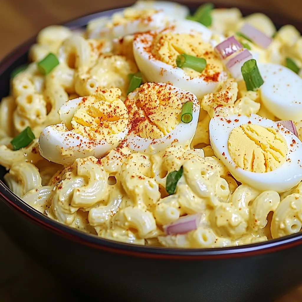 Salade de macaronis aux œufs durs servie dans un plat blanc, garnie de tranches d’œufs et de paprika