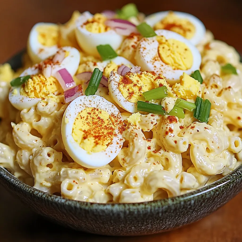 Salade de macaronis aux œufs durs servie dans un plat blanc, garnie de tranches d’œufs et de paprika