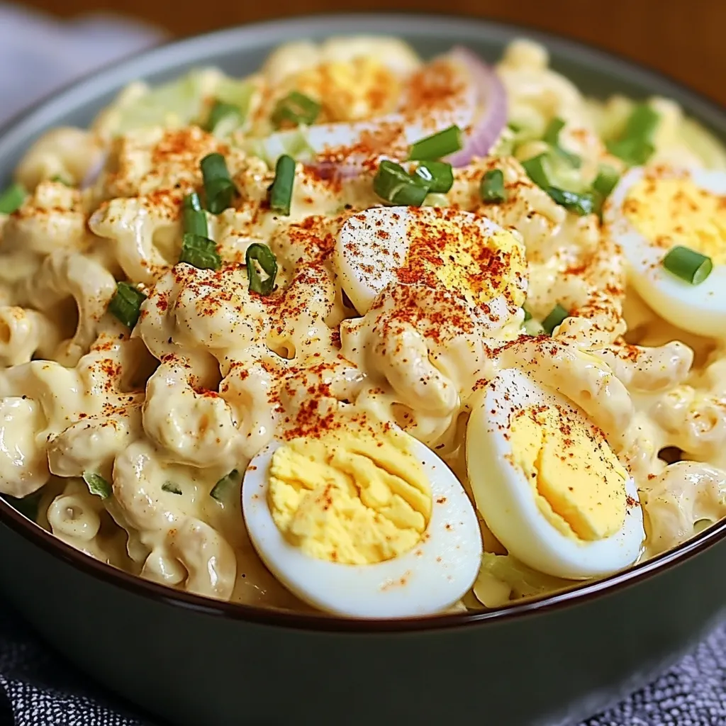 Salade de macaronis aux œufs durs servie dans un plat blanc, garnie de tranches d’œufs et de paprika