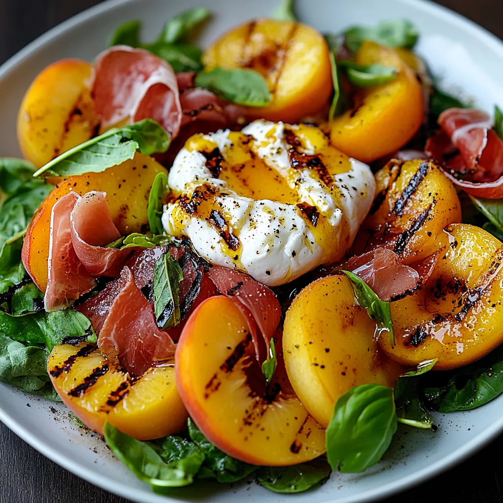 Salade de pêches grillées avec burrata crémeuse et filet de poulet doré