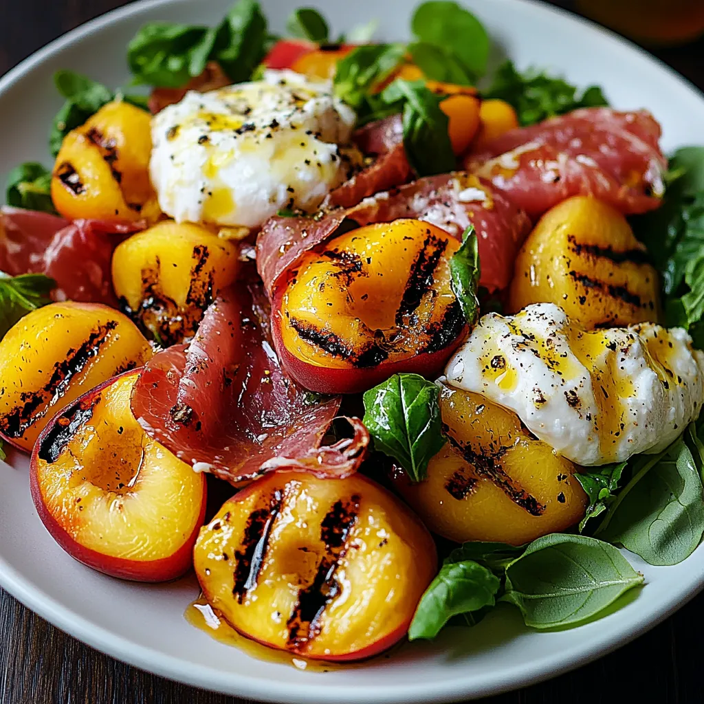 Salade de pêches grillées avec burrata crémeuse et filet de poulet doré