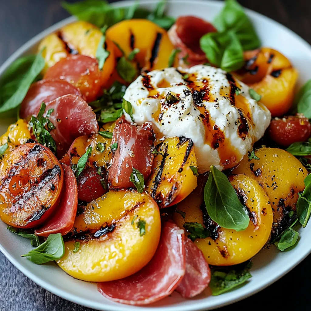Salade de pêches grillées avec burrata crémeuse et filet de poulet doré