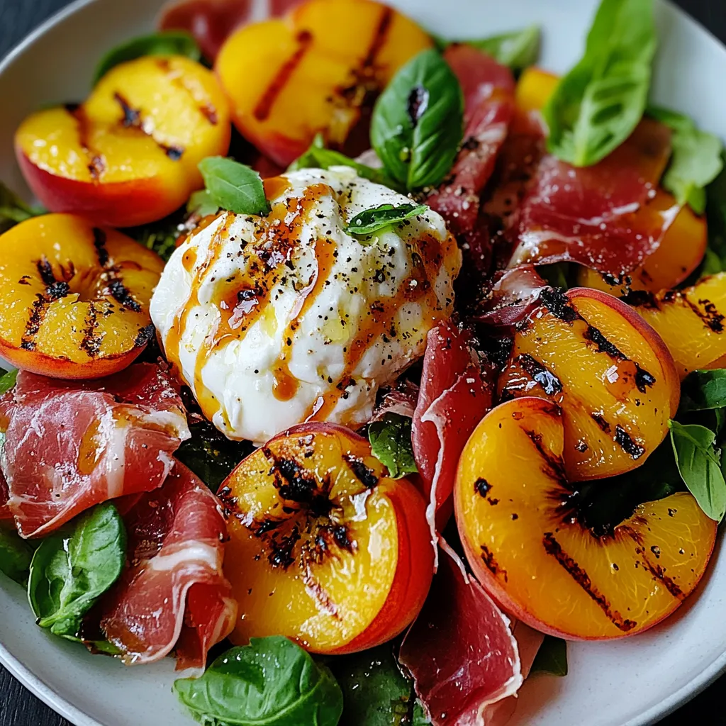 Salade de pêches grillées avec burrata crémeuse et filet de poulet doré