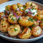 Salade de pommes de terre écrasées et croustillantes servie tiède avec sauce crémeuse et herbes fraîches.