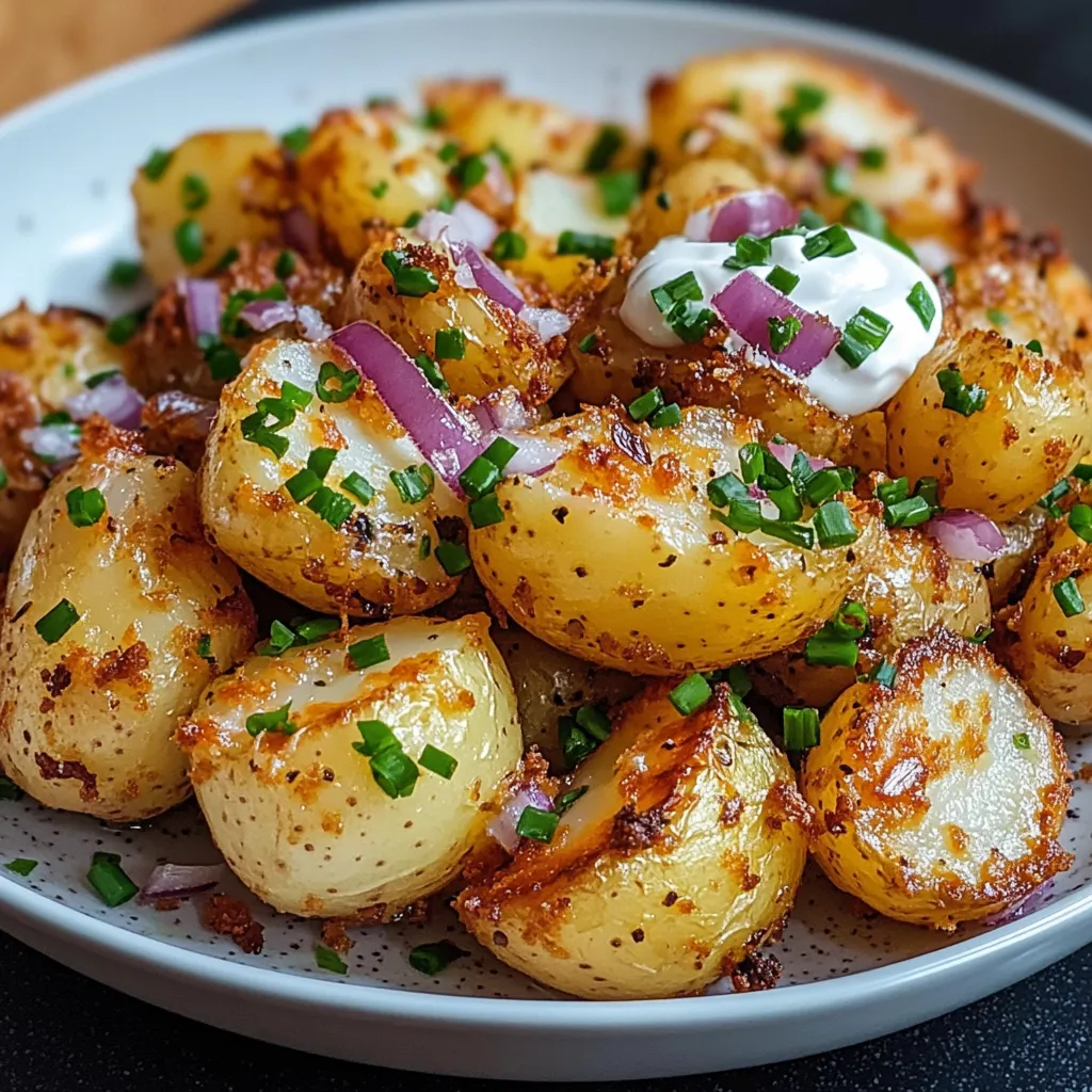 Salade de pommes de terre écrasées et croustillantes servie tiède avec sauce crémeuse et herbes fraîches.