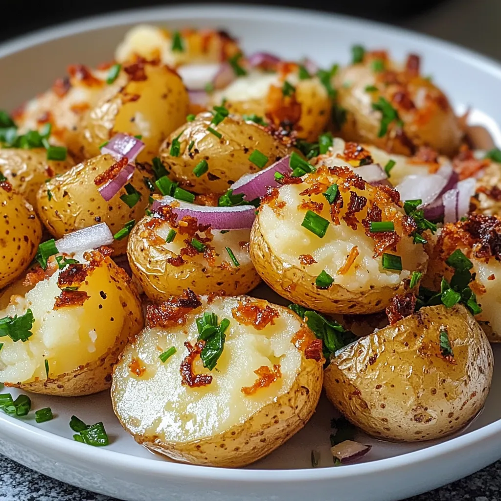 Salade de pommes de terre écrasées et croustillantes servie tiède avec sauce crémeuse et herbes fraîches.