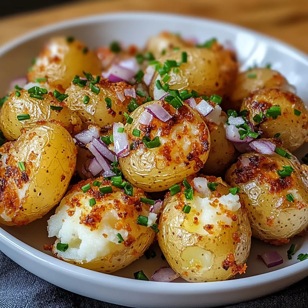 Salade de pommes de terre écrasées et croustillantes servie tiède avec sauce crémeuse et herbes fraîches.