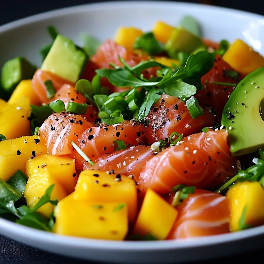 Salade de saumon fumé avec morceaux de mangue, avocat, jeunes pousses et graines de sésame dans une assiette blanche.