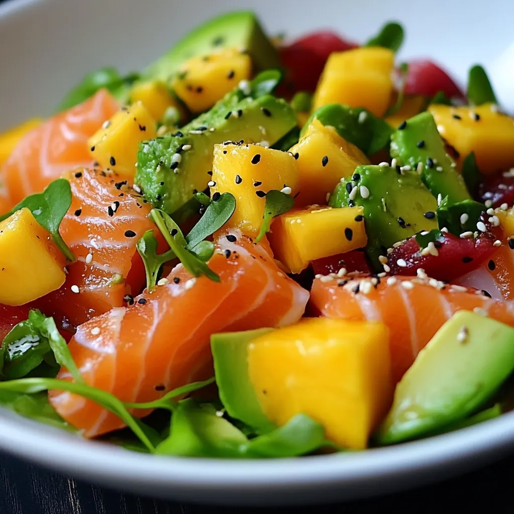 Salade de saumon fumé avec morceaux de mangue, avocat, jeunes pousses et graines de sésame dans une assiette blanche.