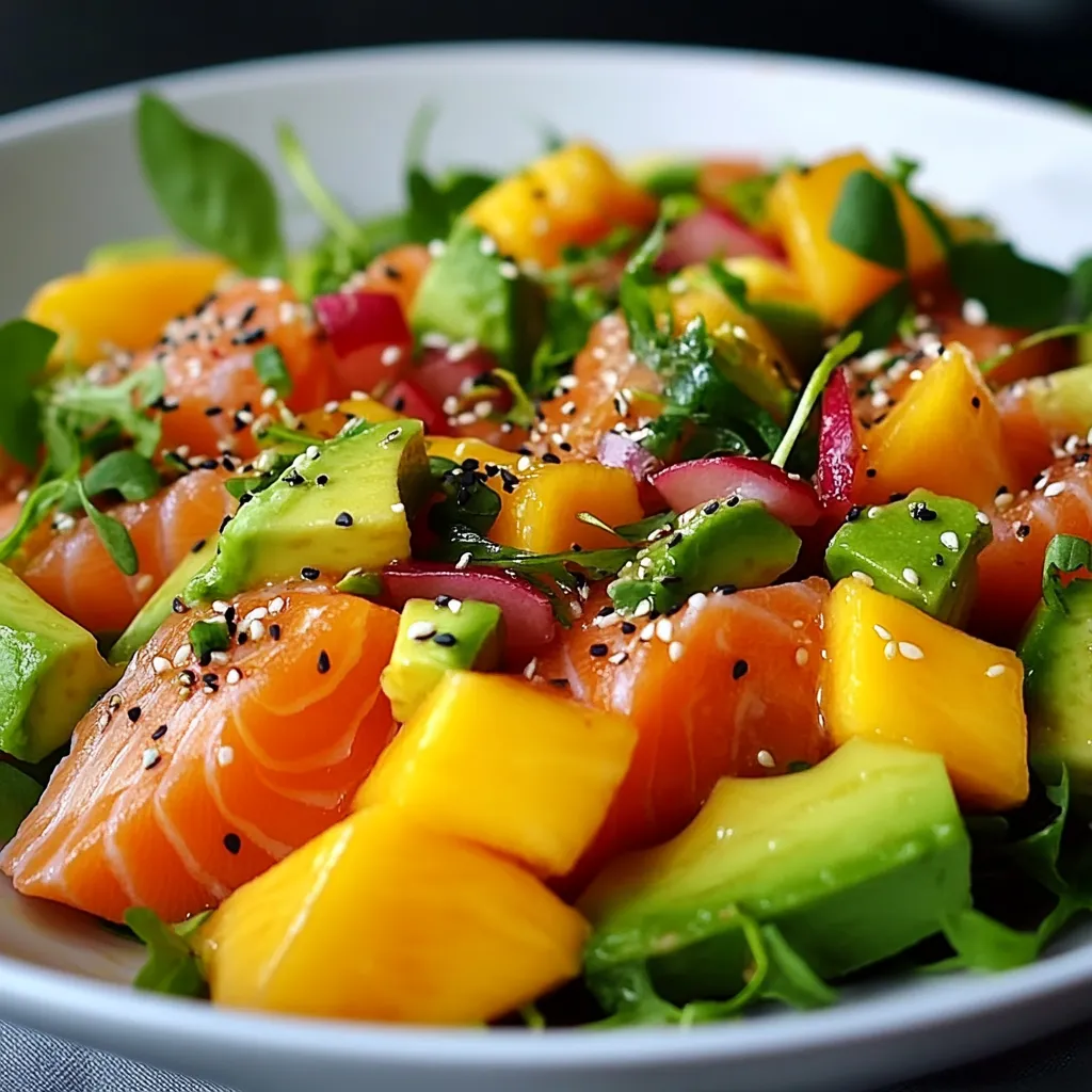 Salade de saumon fumé avec morceaux de mangue, avocat, jeunes pousses et graines de sésame dans une assiette blanche.