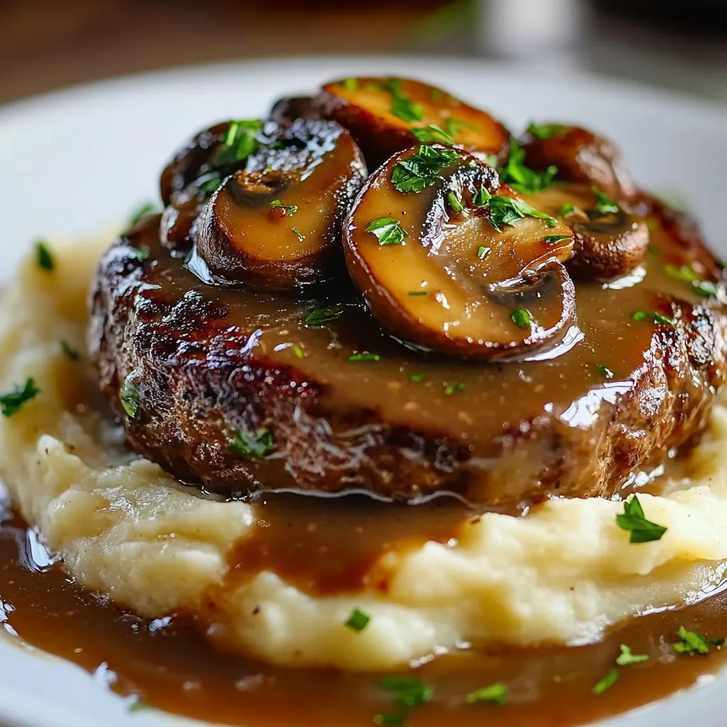 Salisbury Steaks nappés de sauce aux champignons servis avec purée de pommes de terre à l’ail