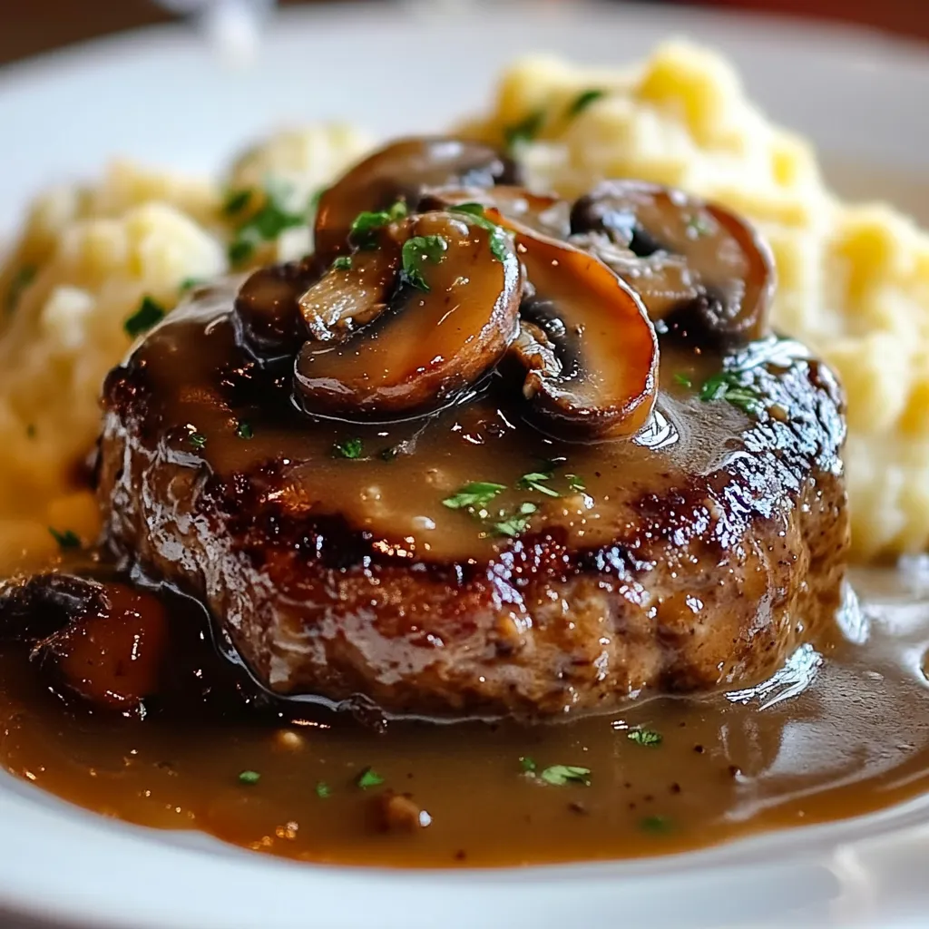 Salisbury Steaks nappés de sauce aux champignons servis avec purée de pommes de terre à l’ail