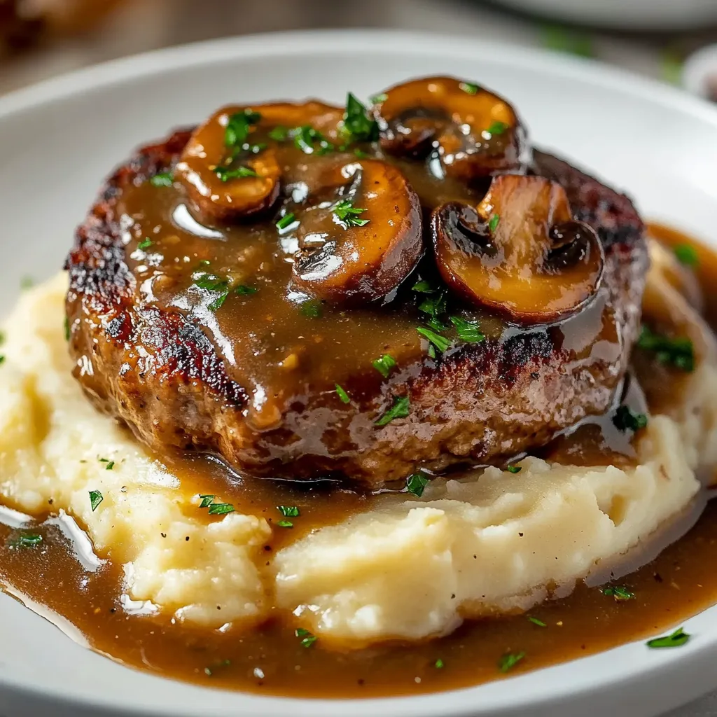 Salisbury Steaks nappés de sauce aux champignons servis avec purée de pommes de terre à l’ail