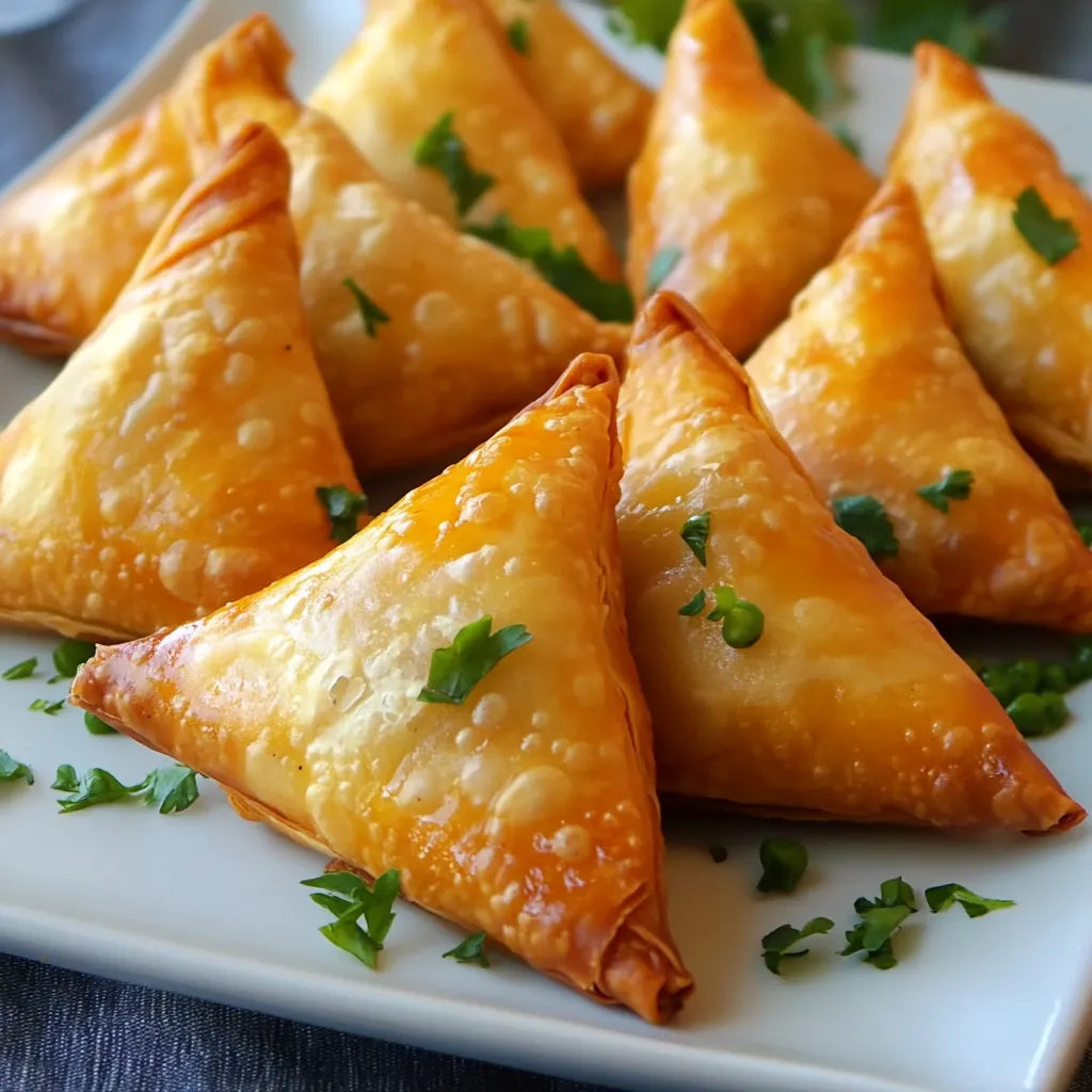 Samoussa de bœuf au curry doré et croustillant sur une assiette.