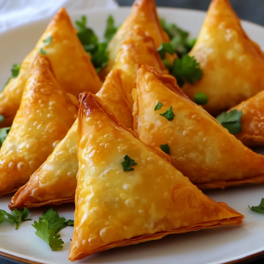 Samoussa de bœuf au curry doré et croustillant sur une assiette.