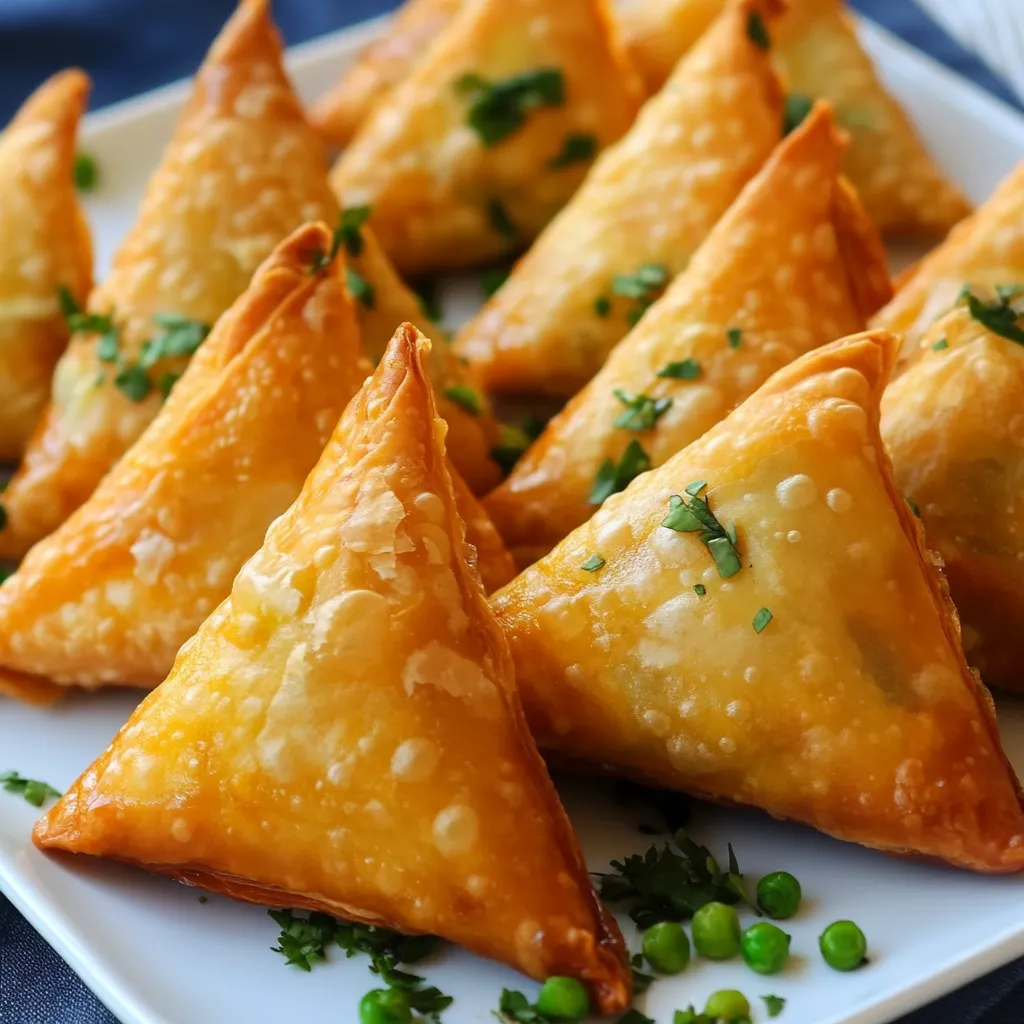 Samoussa de bœuf au curry doré et croustillant sur une assiette.