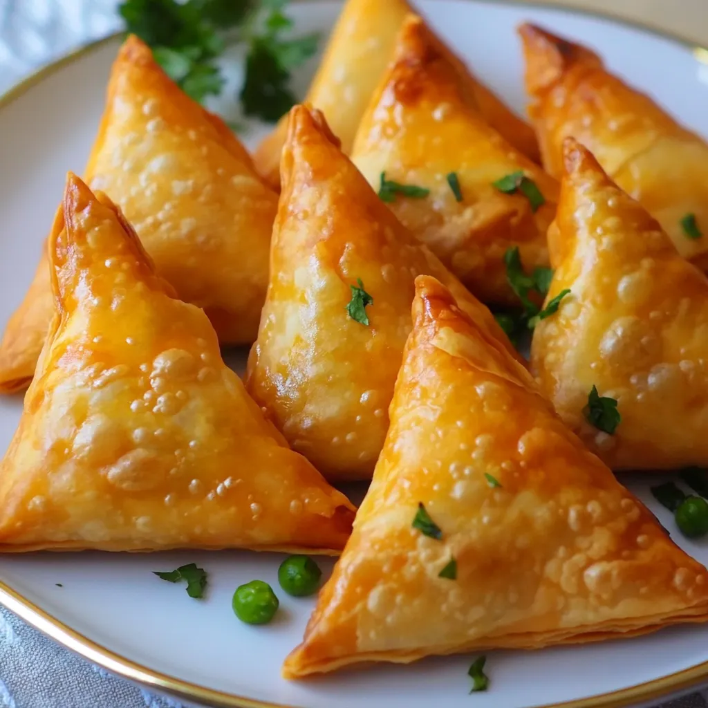 Samoussa de bœuf au curry doré et croustillant sur une assiette.