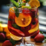 Carafe de sangria sans alcool maison garnie de fruits frais et de feuilles de menthe