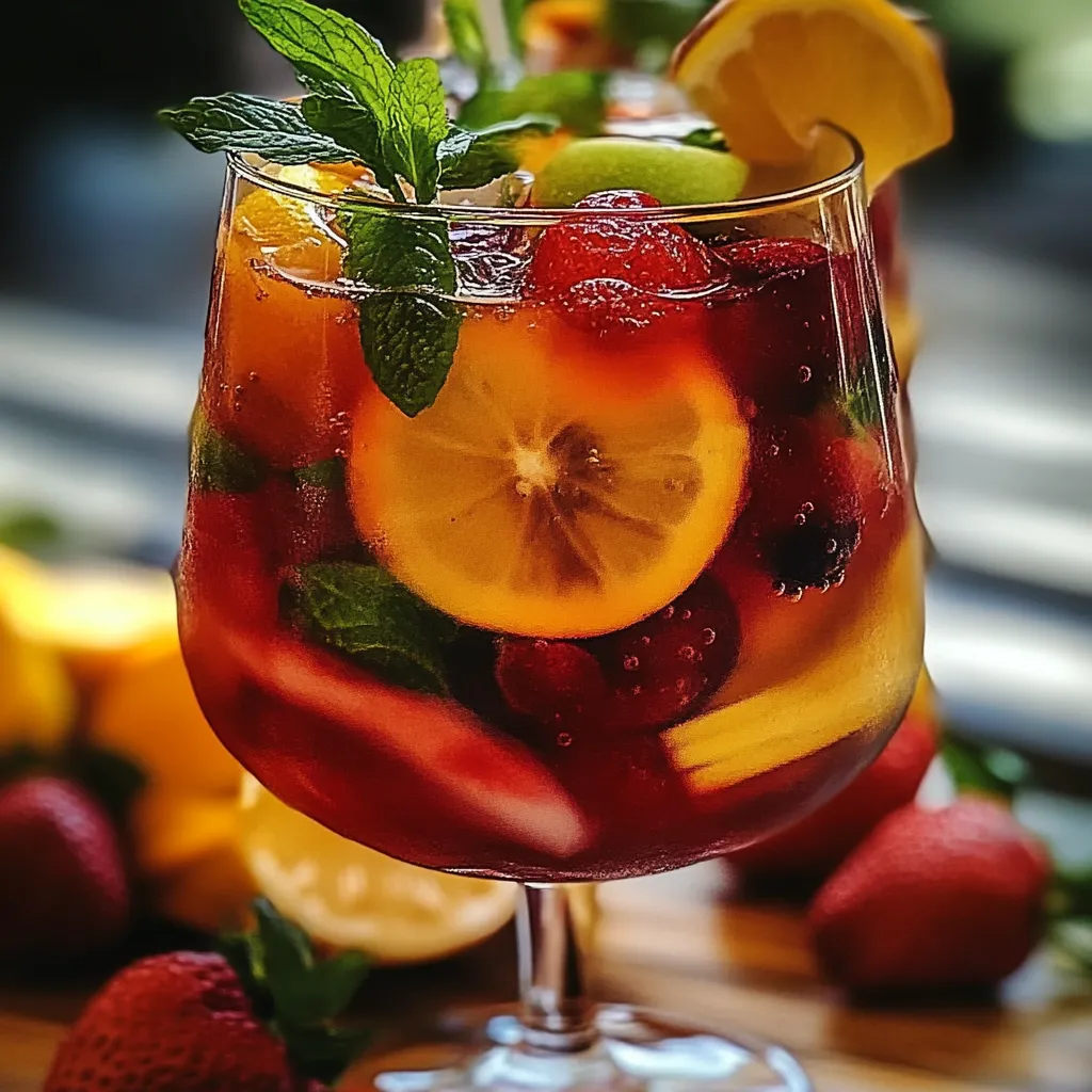 Carafe de sangria sans alcool maison garnie de fruits frais et de feuilles de menthe