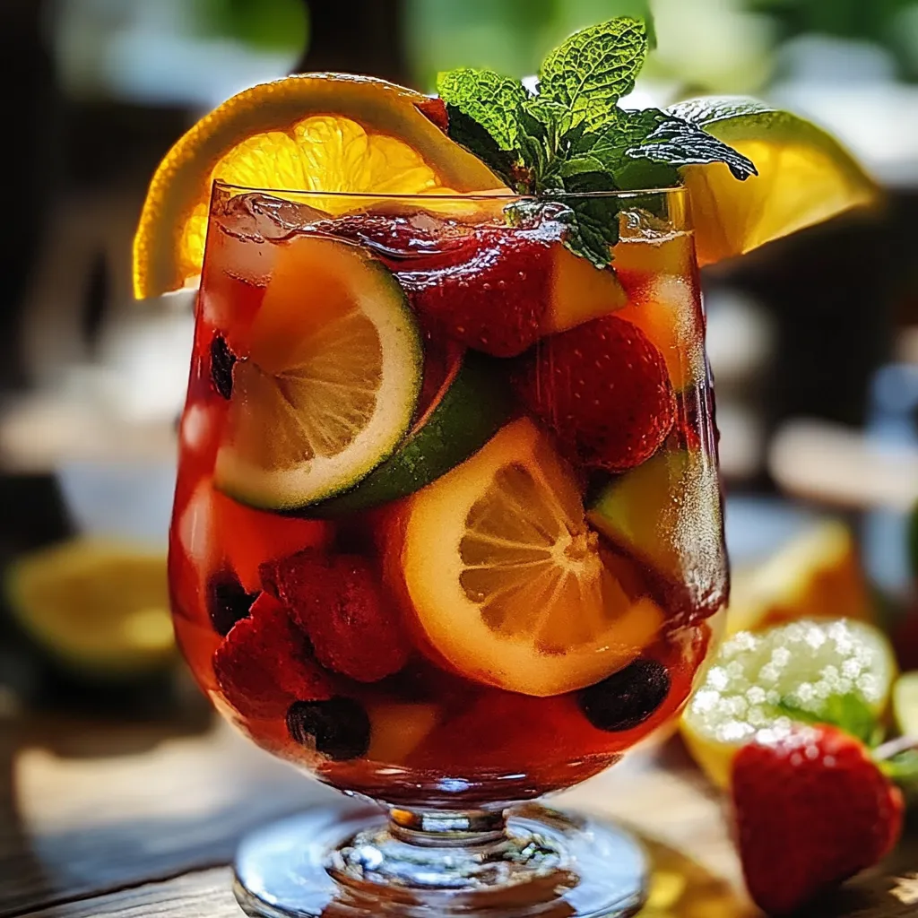 Carafe de sangria sans alcool maison garnie de fruits frais et de feuilles de menthe