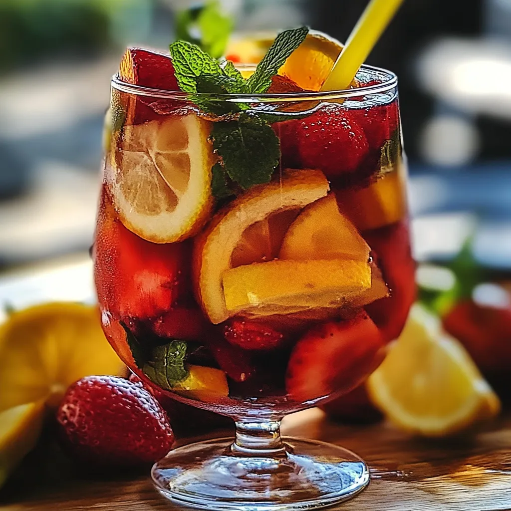 Carafe de sangria sans alcool maison garnie de fruits frais et de feuilles de menthe