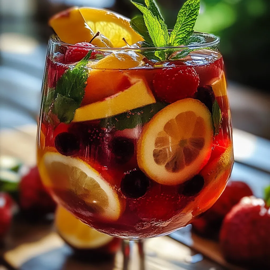 Carafe de sangria sans alcool maison garnie de fruits frais et de feuilles de menthe