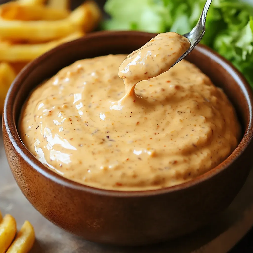 Sauce maison façon Big Mac servie dans un petit bol blanc avec une cuillère