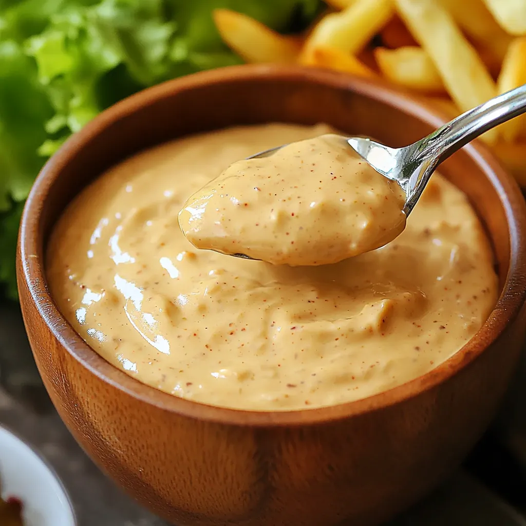 Sauce maison façon Big Mac servie dans un petit bol blanc avec une cuillère