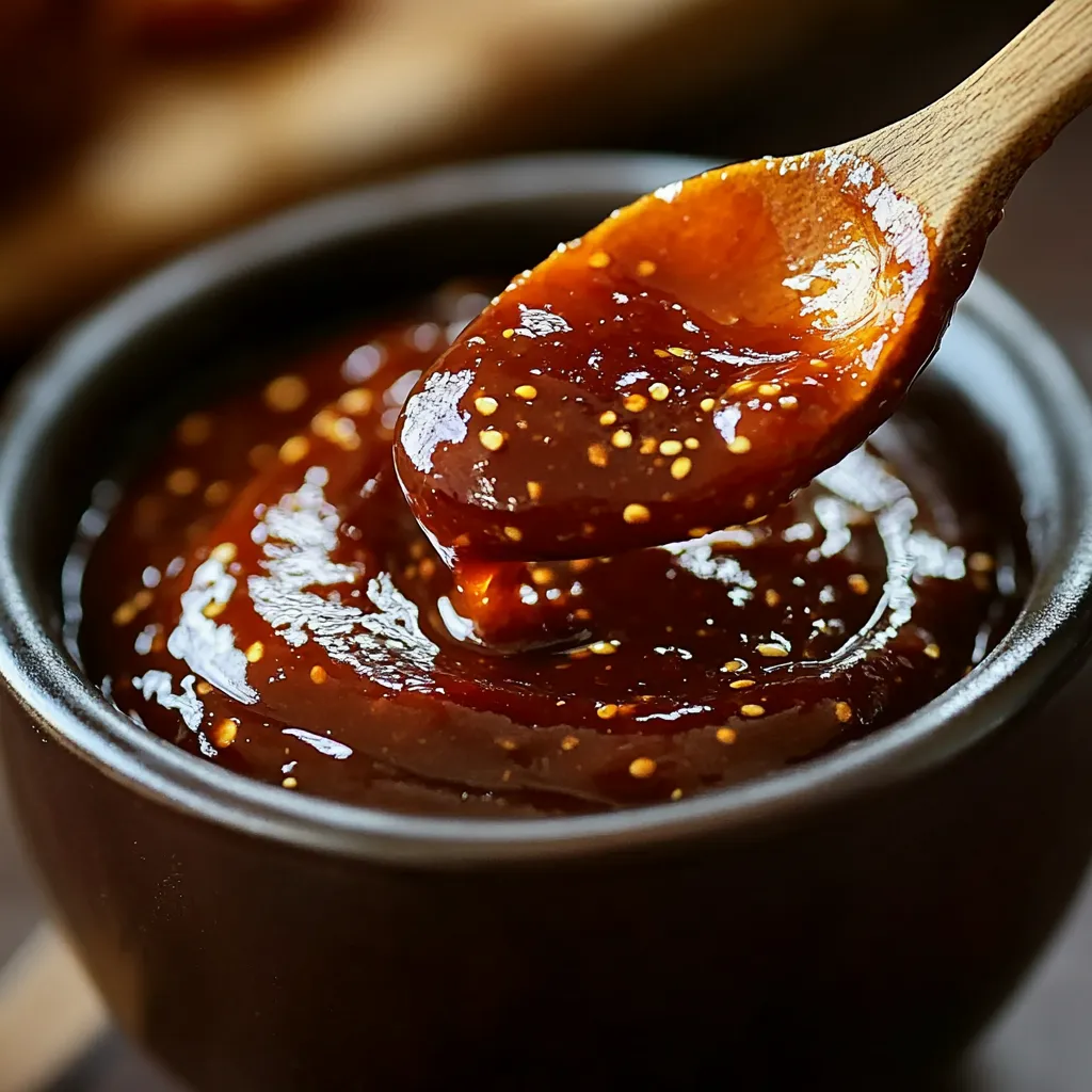 Sauce barbecue à l’érable maison servie dans un petit pot en verre sur une planche à découper
