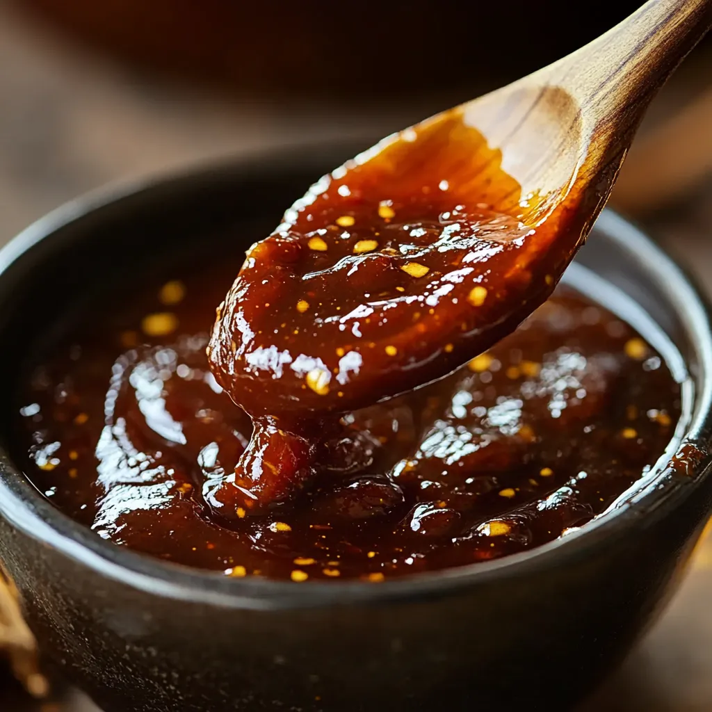 Sauce barbecue à l’érable maison servie dans un petit pot en verre sur une planche à découper
