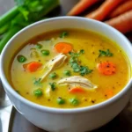 Bol de soupe de poulet anti-inflammatoire garnie d’herbes fraîches sur une table en bois