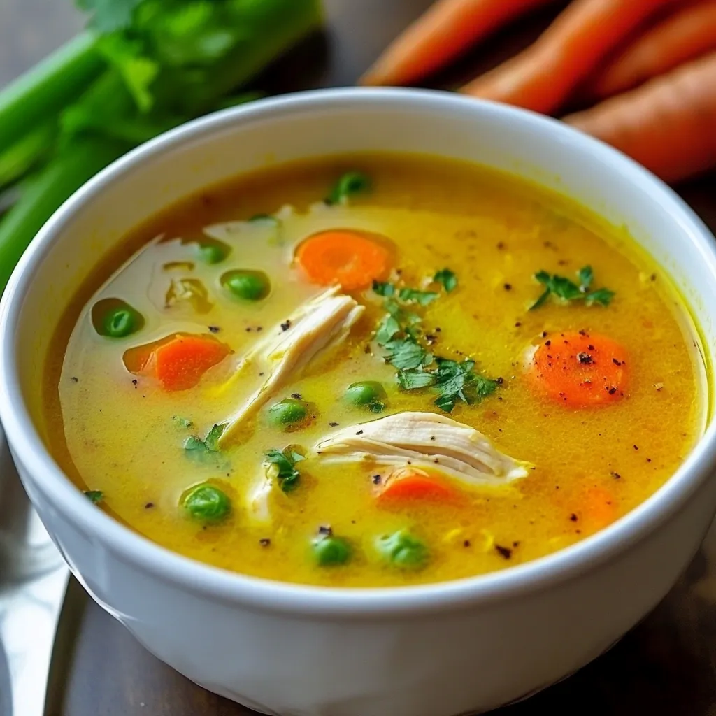 Bol de soupe de poulet anti-inflammatoire garnie d’herbes fraîches sur une table en bois