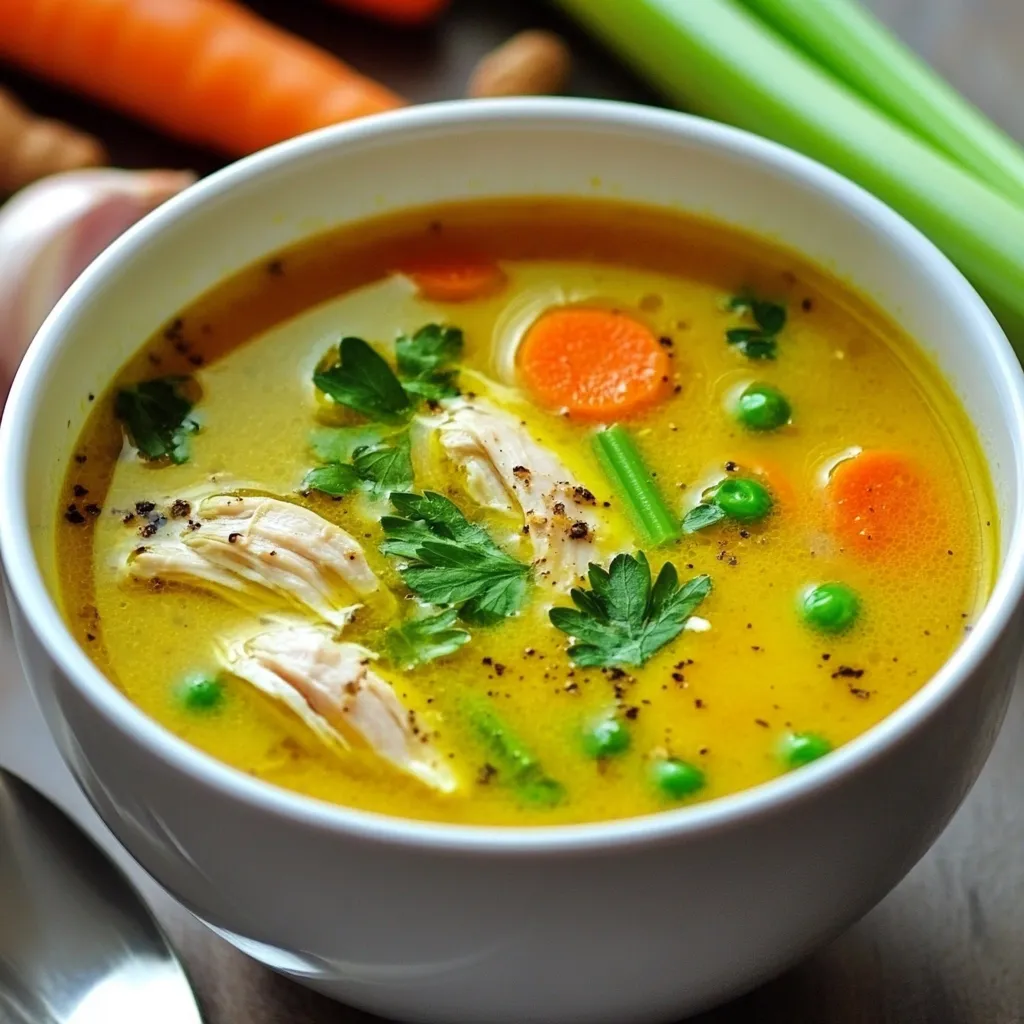 Bol de soupe de poulet anti-inflammatoire garnie d’herbes fraîches sur une table en bois