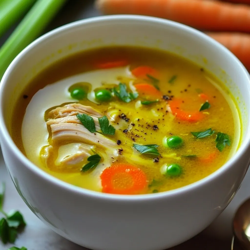 Bol de soupe de poulet anti-inflammatoire garnie d’herbes fraîches sur une table en bois