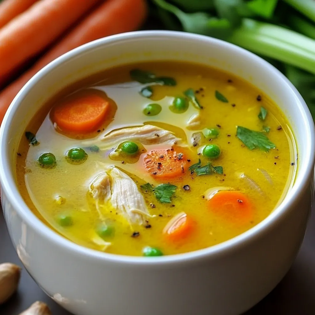Bol de soupe de poulet anti-inflammatoire garnie d’herbes fraîches sur une table en bois