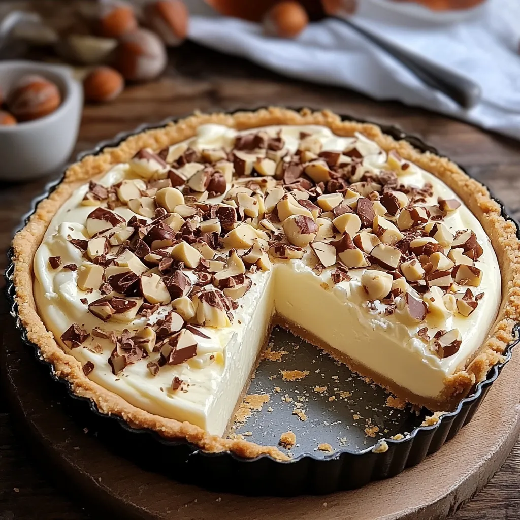 Tarte Kinder Bueno au chocolat blanc avec noisettes grillées sur une table en bois