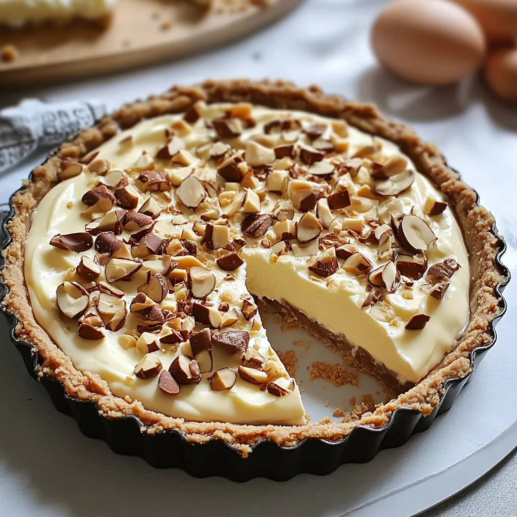 Tarte Kinder Bueno au chocolat blanc avec noisettes grillées sur une table en bois