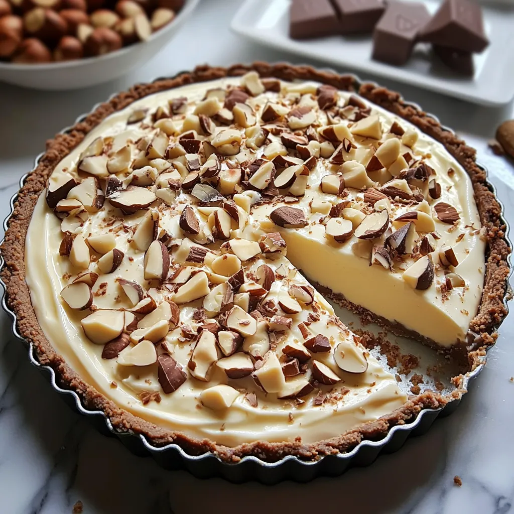 Tarte Kinder Bueno au chocolat blanc avec noisettes grillées sur une table en bois