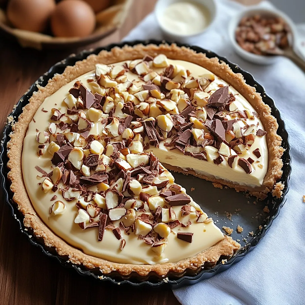 Tarte Kinder Bueno au chocolat blanc avec noisettes grillées sur une table en bois