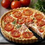 Tarte au thon, tomate et moutarde maison dans un moule, fraîchement sortie du four