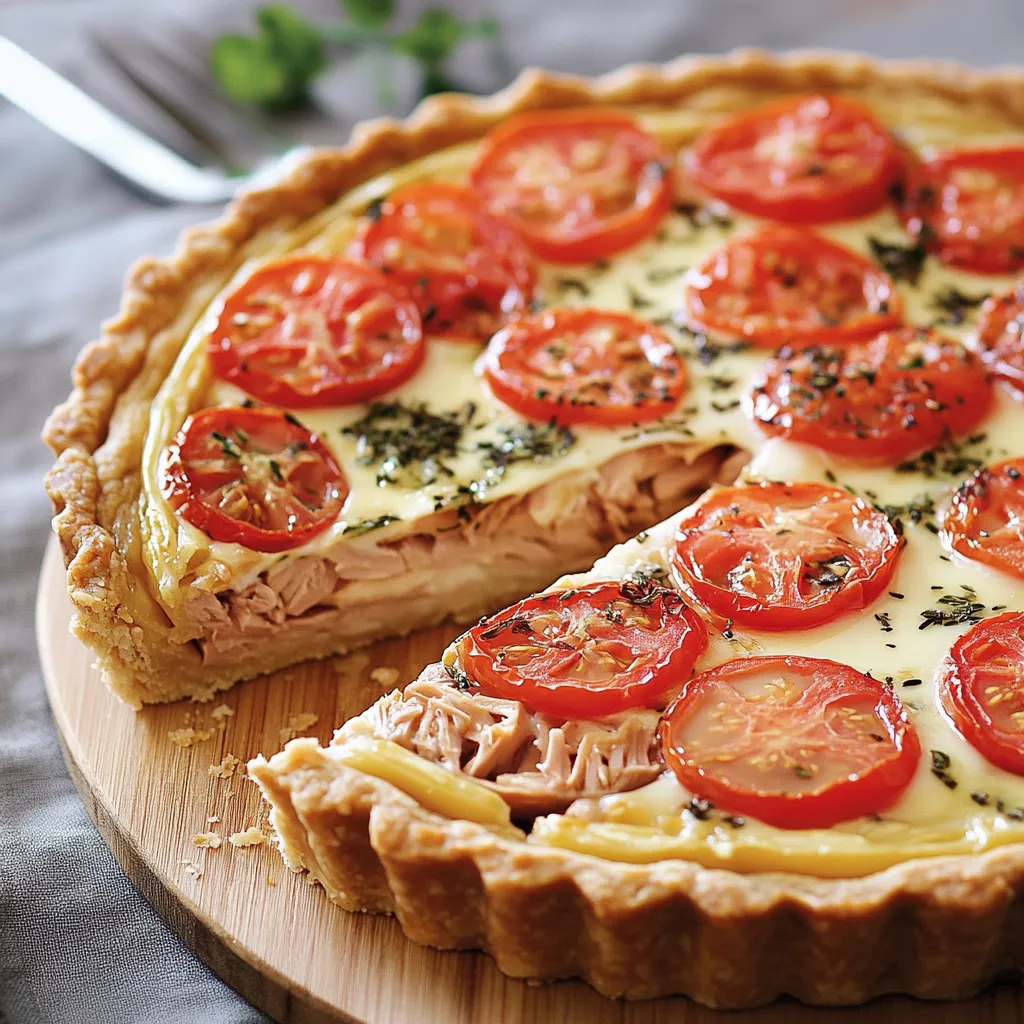 Tarte au thon, tomate et moutarde maison dans un moule, fraîchement sortie du four