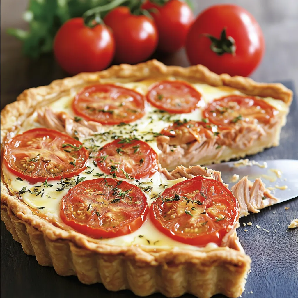 Tarte au thon, tomate et moutarde maison dans un moule, fraîchement sortie du four
