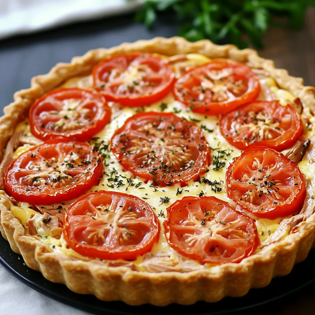 Tarte au thon, tomate et moutarde maison dans un moule, fraîchement sortie du four