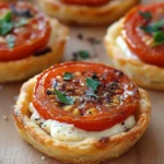 Tartelettes individuelles à la pâte feuilletée garnies de chorizo, tomates fraîches et fromage de chèvre fondu